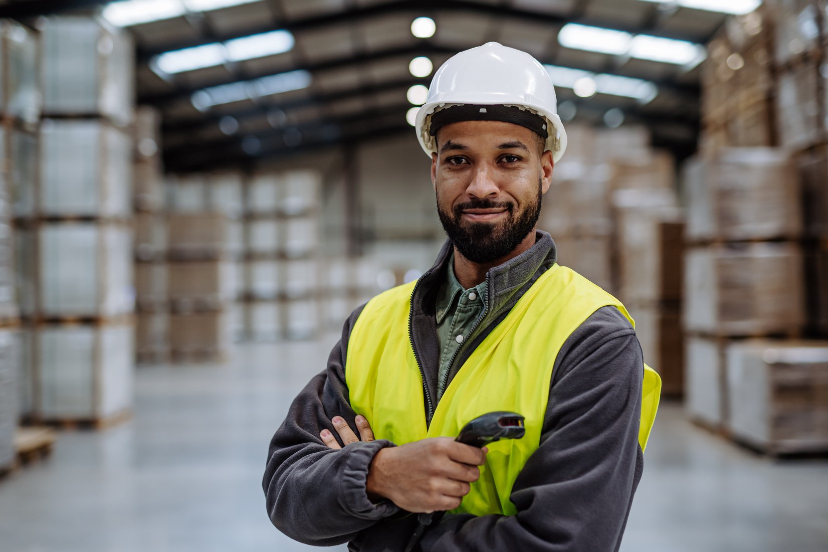 Warehouseman with Scanner, Scanning Stock in Warehouse. Warehouse Manager Using Warehouse Management Software, App.